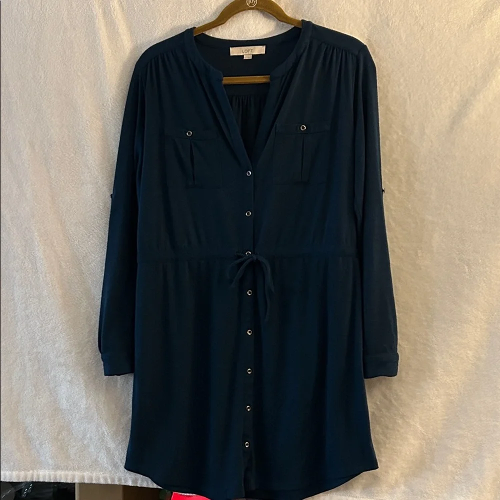 LOFT Deep Green Button-Up Knit Shirtdress Medium - Picture 3 of 7